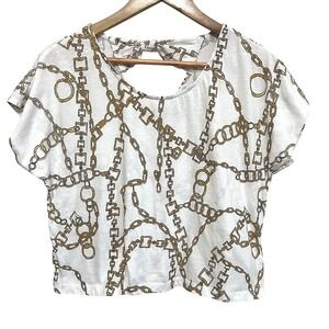 Forever 21 Womens Top‎ L White Gold Chain Print Cutout Back Short Sleeve